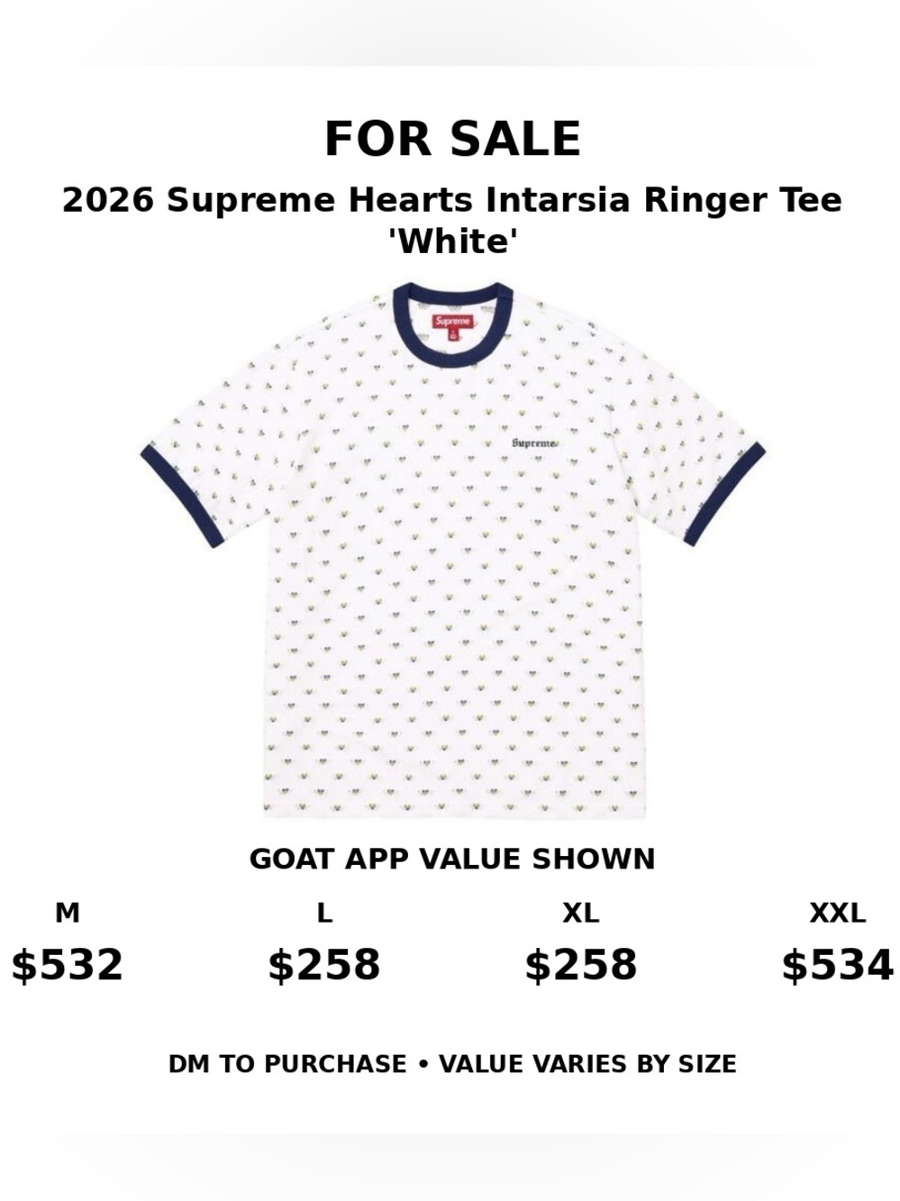Supreme White Tee with Navy Ringer and Tiny Heart Intarsia